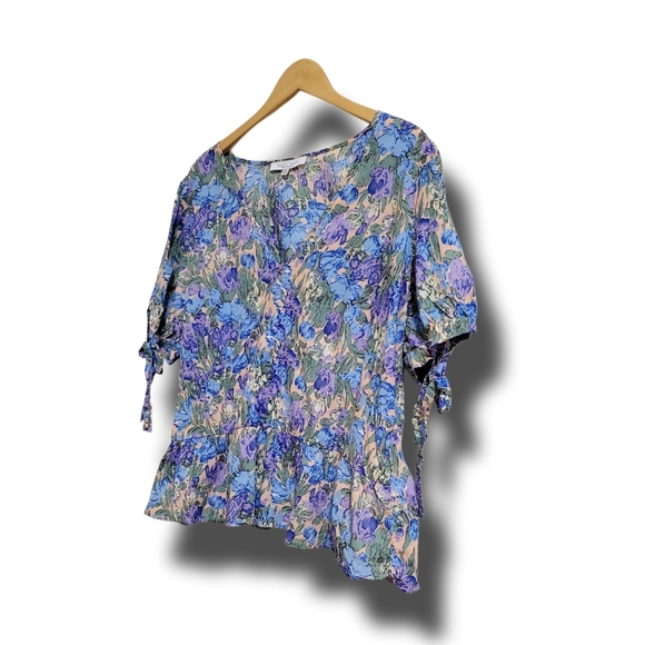 🌿Sweet Rain Women's 2XL Cotton Blue Purple Tan Puff Sleeve Floral Top - Picture 4 of 12